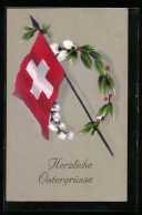 AK Herzliche Ostergrüsse Mit Schweizer Flagge Und Weidenkätzchen  - Autres & Non Classés