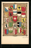 Künstler-AK Glarus, Wappen Von Ticino, Thurgau Und Solothurn  - Genealogía