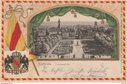 GRUSS AUS KARLSRUHE - TOTALANSICH - CARTE GAUFREE + DRAPEAU ET BLASON - OBLITERATION DE 1903 - 2 SCANS) - Karlsruhe
