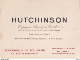 31) TOULOUSE - HUTCHINSON - COMPAGNIE NATIONALE DU CAOUTCHOUC - SUCCURSALE DE TOULOUSE - 34 , RUE D'AUBUISSON - Visitekaartjes