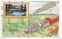 24) NOJALS - BON SOUVENIR - TRAIN VAPEUR - ILLUSTRATEUR JEAN DE PREISSAC - EN MEDAILLON - FERME AVEC MARE - ( 2 SCANS ) - Autres & Non Classés