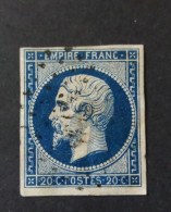 FRANCE 1860 NAPOLEON 20 CENT BLUE AZURE CAT. YVERT N.14A TYPE 1 OBLITERE FRAGMANT - 1862 Napoleon III