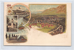 BUCHS (SG) Litho - Bahnhof - Schloss - Evang. Pfarrkirche - Panorama - Verlag Chr. Fischhauser - Buchs