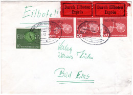 BRD 1962, 3x20+10 Pf. Auf Eilboten Brief M. Bahnpost Heidelberg-Saarbrücken - Lettres & Documents