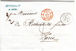 Schweiz 1861, K2 VEVEY Auf Brief 2. Gewichtsstufe M. Frankreich Portostpl. "8" - Briefe U. Dokumente