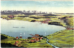 Ammersee M. Utting U. Stegen Samt Brauerei, 1920 Gebr. Panorama Farb-AK - Autres & Non Classés