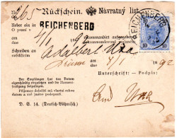 Österreich 1892, 10 Kr. Auf Rückschein V. Reichenberg In Böhmen. - Briefe U. Dokumente