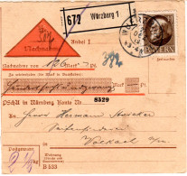 Bayern 1919, EF 1 Mk. Auf Nachnahme Paketkarte V. Würzburg N. Volkach - Briefe U. Dokumente