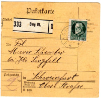Bayern 1917, EF 60 Pf. Auf Paketkarte V. Berg Oberfranken - Covers & Documents