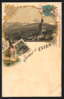 Lithographie Evian, Vue Partielle Der Stadt Avec Bergen, Armoiries  - Autres & Non Classés