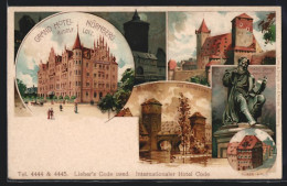 Lithographie Nürnberg, Grand Hotel, Bes. Rudolf Lotz, Henkersteg, Hans-Sachs-Monument, Dürer-Haus  - Nürnberg