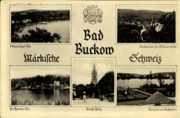 CPA Buckow In Der Märkischen Schweiz, Wappen, Marktplatz, Kirche, Kurpark Am Buckowsee - Autres & Non Classés