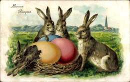 Gaufré Lithographie Glückwunsch Ostern, Osterhasen, Ostereier, Nest - Easter