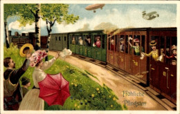 CPA Glückwunsch Pfingsten, Reisende In Einem Zug, Zeppelin - Pentecôte