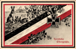 CPA Glückwunsch Ostern, Patriotik Kaiserreich, Eisernes Kreuz, Hasen - Pâques