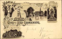 Lithographie Neubrandenburg In Mecklenburg, Bismarck Stein, Augusta Bad, Stargarder Tor, Reuter-Denkmal - Autres & Non Classés