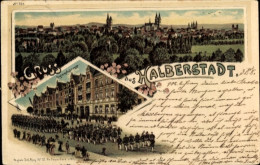 Lithographie Halberstadt Am Harz, Gesamtansicht, Spiegelstraße, Soldatenkompanie Magdeb. Inf. Regt. 27 - Autres & Non Classés
