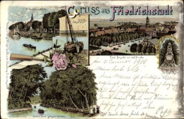 Lithographie Friedrichstadt An Der Eider Nordfriesland, Gesamtansicht, Kirche, Schule, Kriegerdenkmal - Autres & Non Classés