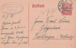 Bayern Ganzsache Mit Tagesstempel Hof 1919 Nach Waiblingen - Ganzsachen