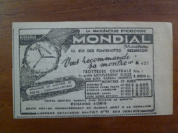 Publicité 1949 Manufacture D'horlogerie MONDIAL Besançon Trotteuse Centrale Mouvement Suisse - Publicités