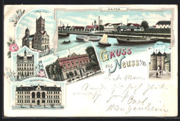 Lithographie Neuss A. Rh., Dampfer Am Hafen, Münster, Rathaus  - Neuss