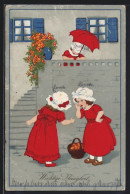 Künstler-AK Meissner & Buch (M&B) Nr.2245: Mädchen In Rotem Kleid & Hüten Tuscheln  - Autres & Non Classés