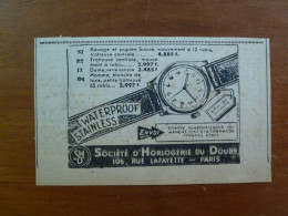 Publicité 1949 Société D'Horlogerie Du Doubs à Paris SHD Montre H Waterproof Stainless - Publicités