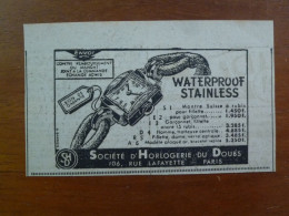 Publicité 1949 Société D'Horlogerie Du Doubs à Paris SHD Montre F Waterproof Stainless - Publicités