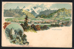 Lithographie Interlaken, Teilansicht, Ruine  - Interlaken