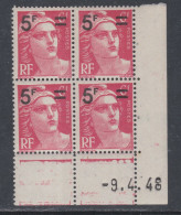 France N° 827 XX  Mari. Gandon 5 F. Sur 6 F. Rouge En Bloc De 4 Coin Daté Du 9 . 4 . 48 , 3 Points Blancs Sans Cha., TB - 1940-1949