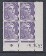 France N° 883 XX  Marianne  Gandon 5 F. Violet En Bloc De 4 Coin Daté Du 25 . 11 . 53 , 3 Points Blancs Sans Cha., TB - 1940-1949