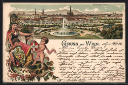 Lithographie Wien, Gesamtansicht Und Personifiziertes Österreich Mit Zwei Knaben Und Wappen  - Autres & Non Classés