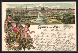 Lithographie Wien, Totalansicht Mit Springbrunnen, Austria Und Kinder Mit Wappen  - Other & Unclassified