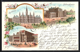 Lithographie Wien, Rathaus, Hofoper, Hofburgtheater  - Andere & Zonder Classificatie