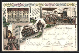 Vorläufer-Lithographie Wien, 1895, Gastwirtschaft St. Anna-Hof, Annagasse 3, Johann Strobl, Fassade Und Innenansicht  - Autres & Non Classés
