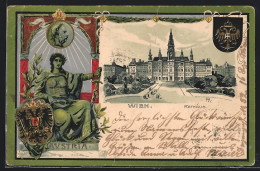 Präge-Lithographie Wien, Rathaus, Anthropomorphe Darstellung Österreichs, Wappen, Kaiserportrait  - Autres & Non Classés