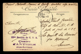 CACHET DE LA 22EME SECTION DE C.O.A - CENTRE D'ANTIBES (ALPES-MARITIMES) - LES PARRAINS DE REUILLY - PARIS - Guerre De 1914-18