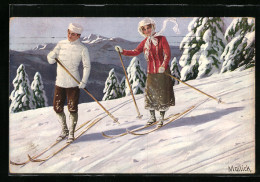 Künstler-AK Alfred Mailick: Veselý Nový Rok, Skifahrendes Paar In Den Bergen  - Mailick, Alfred