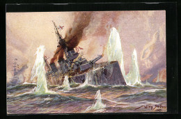 Artist's Pc Willy Stoewer: Seegefecht In Der Nordsee 1915, Engl. Schlachtkreuzer Im Salvenfeuer Deutscher Kreuzer  - Krieg