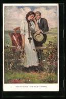 Künstler-AK Clarence F.Underwood: Verehrer Bei Junger Frau Am Zaun, Pferd Frisst Die Blumen  - Underwood, Clarence F.