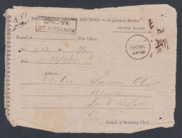 Inde British India 1874 Used Registered Letter Receipt, Chowk, Lucknow - 1858-79 Compagnie Des Indes & Gouvernement De La Reine