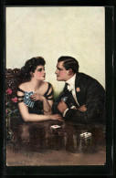 Künstler-AK Clarence F. Underwood: Paar Beim Kartenspiel, Der Zündende Funke  - Underwood, Clarence F.