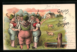 Lithographie Bergsteigergruppe Auf Der Alm  - Alpinismus, Bergsteigen