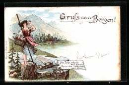 Lithographie Frau In Tracht Beim Jodeln  - Alpinismus, Bergsteigen