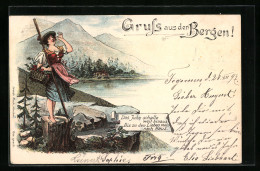 Lithographie Frau In Tracht Jodelt An Bergsee  - Alpinismus, Bergsteigen