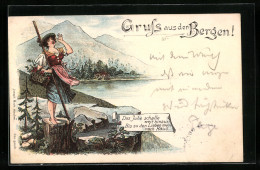 Lithographie Frau In Tracht Jodelt An Bergsee  - Alpinismo