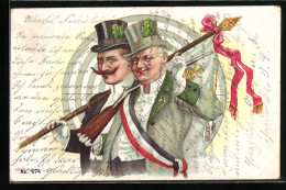 Lithographie Schützenfest, Zwei Männer Mit Gewehr Und Flagge  - Chasse