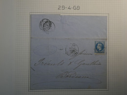 DP 19 FRANCE  LETTRE   1869 ETOILE DE PARIS CLERY  A  BORDEAUX +N° 29  TRES DECALé   ++AFF. INTERESSANT+ - 1849-1876: Classic Period