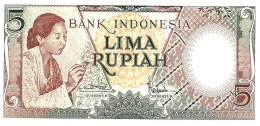 INDONESIA 5 RUPIAH BROWN WOMAN FRONT AND BUILDING BACK ND(1958) P.? AUNC READ DESCRIPTION - Indonesien