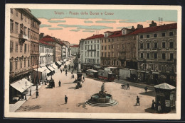 AK Trieste, Piazza Della Borse E Corso, Strassenbahn  - Tranvía